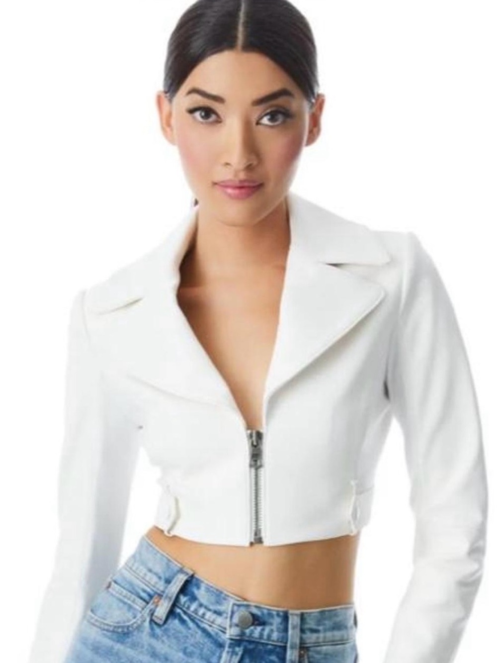 Alice + Olivia Cropped White Leather Moto Jacket